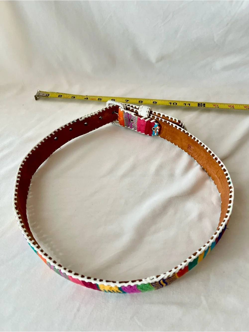 Vintage Guatemalan Multicolor Woven Leather Belt White Whipstitch